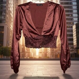 Romantic Crop Top Lace Button Deep V-Neck Shein Rust Color Women’s Size Medium